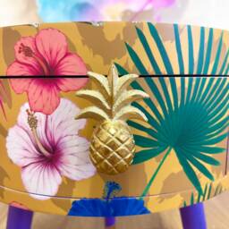 Round Eclectic Yellow Nightstand With Tropical Design, Mustard Bedside Table Built in Drawer - thumbnail 3