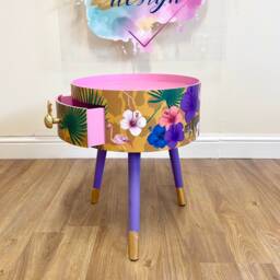 Round Eclectic Yellow Nightstand With Tropical Design, Mustard Bedside Table Built in Drawer - thumbnail 2