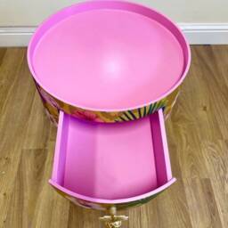 Round Eclectic Yellow Nightstand With Tropical Design, Mustard Bedside Table Built in Drawer - thumbnail 4