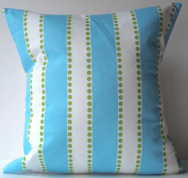 New 18x18 Inch Designer Handmade Pillow Cases. Wide Blue Stripe With Green Dots