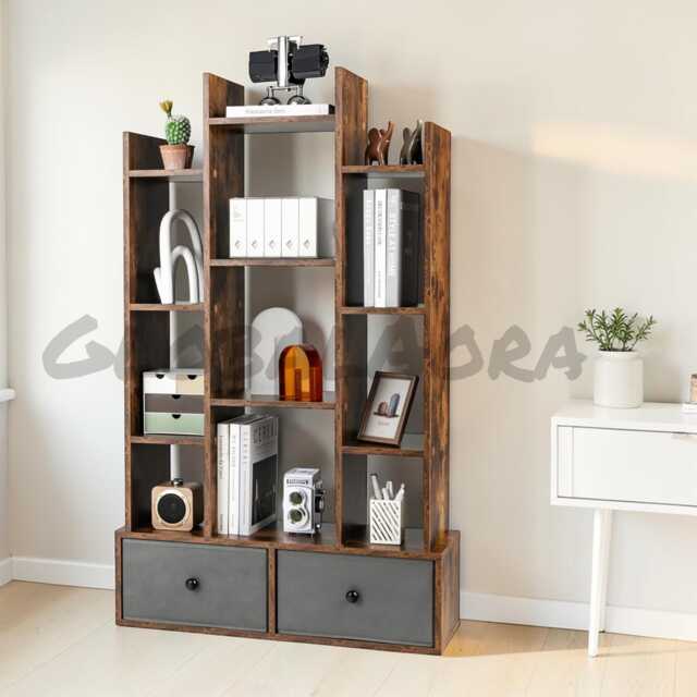 Tree Bookshelf 12 Tier Wood Bookcase, Freestanding Magazine Display Rack, Folding Drawer Shelving Unit, Home Office Living Room Decor - image 1