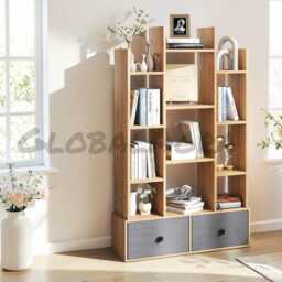 Tree Bookshelf 12 Tier Wood Bookcase, Freestanding Magazine Display Rack, Folding Drawer Shelving Unit, Home Office Living Room Decor - thumbnail 4