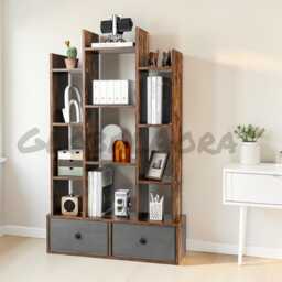 Tree Bookshelf 12 Tier Wood Bookcase, Freestanding Magazine Display Rack, Folding Drawer Shelving Unit, Home Office Living Room Decor - thumbnail 1