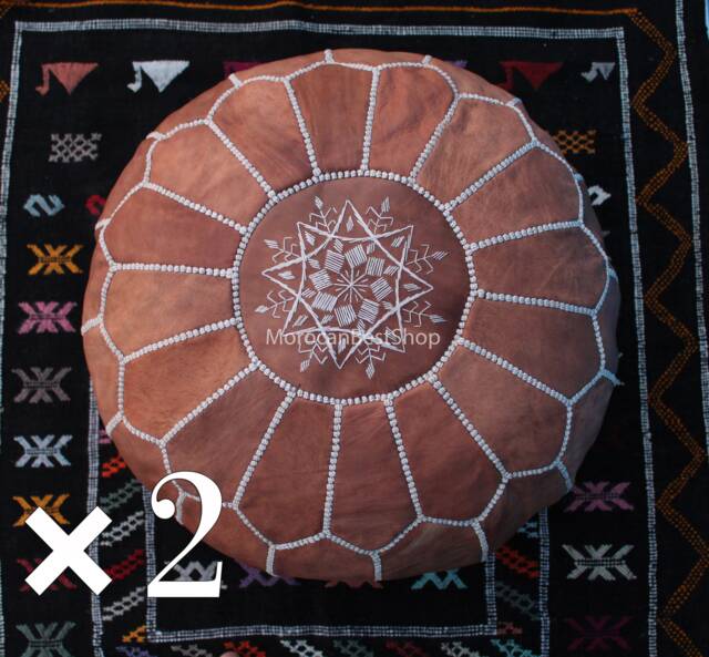 Set Of 2 Handcrafted Moroccan Leather Poufs, Round Footstool Ottoman - image 1
