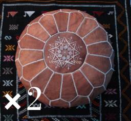 Set Of 2 Handcrafted Moroccan Leather Poufs, Round Footstool Ottoman - thumbnail 1