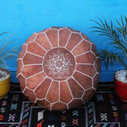 Set Of 2 Handcrafted Moroccan Leather Poufs, Round Footstool Ottoman - thumbnail 2
