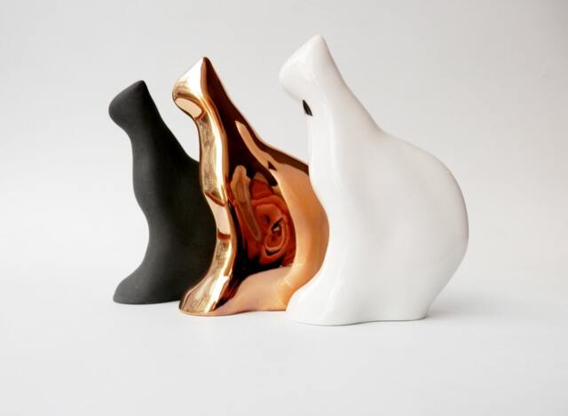 Gold Porcelain Cat Figurine, Handmade Ceramic Sculpture - image 1