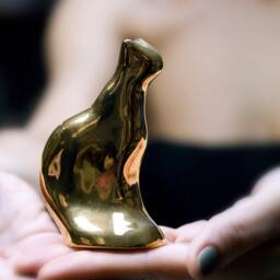 Gold Porcelain Cat Figurine, Handmade Ceramic Sculpture - thumbnail 2