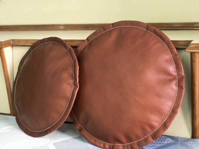 Handmade Round Leather Cushion Cover Full Grain Brown Throw Pillow - image 1