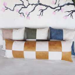 Retro Check Pillow Cover - Linen & Vegan Leather, 9 Colors - thumbnail 4