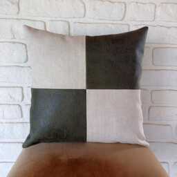 Retro Check Pillow Cover - Linen & Vegan Leather, 9 Colors - thumbnail 3