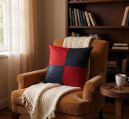 Retro Check Pillow Cover - Linen & Vegan Leather, 9 Colors - thumbnail 1