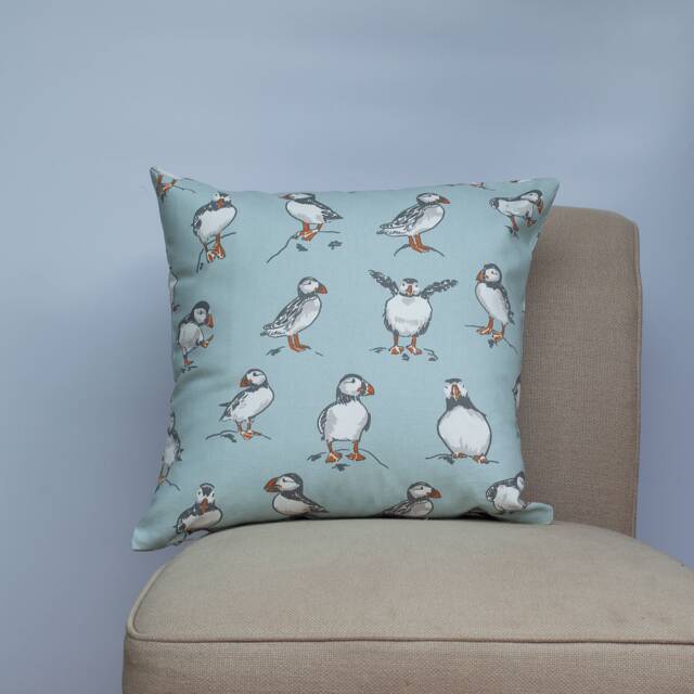 Puffins Cushion in Mineral Blue. Nautical Inspired Marine Seabird Motif Design. 100% Cotton, 17x17 - image 1