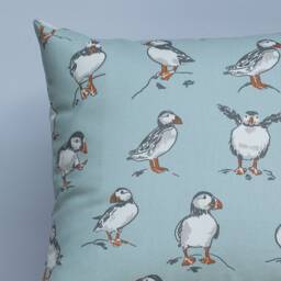 Puffins Cushion in Mineral Blue. Nautical Inspired Marine Seabird Motif Design. 100% Cotton, 17x17 - thumbnail 2