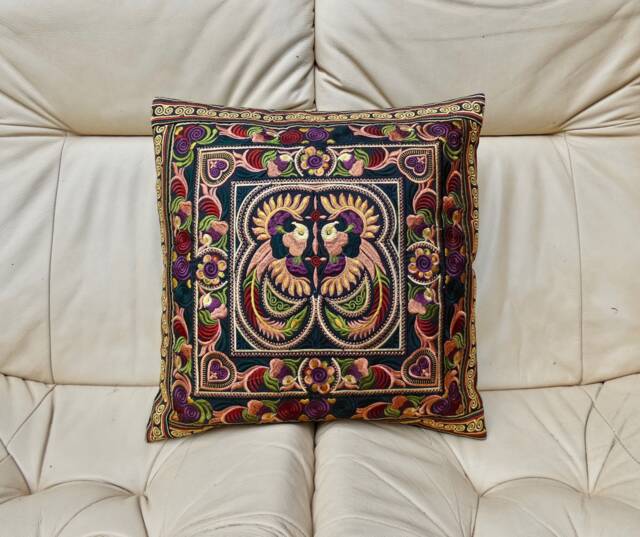 Embroidered Cushion Cover, Thai Cushion, Bohemian Hmong Hilltribe, Boho Decor, Throw Pillow, Caramel Colour - image 1