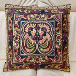 Embroidered Cushion Cover, Thai Cushion, Bohemian Hmong Hilltribe, Boho Decor, Throw Pillow, Caramel Colour - thumbnail 3
