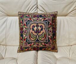 Embroidered Cushion Cover, Thai Cushion, Bohemian Hmong Hilltribe, Boho Decor, Throw Pillow, Caramel Colour - thumbnail 1
