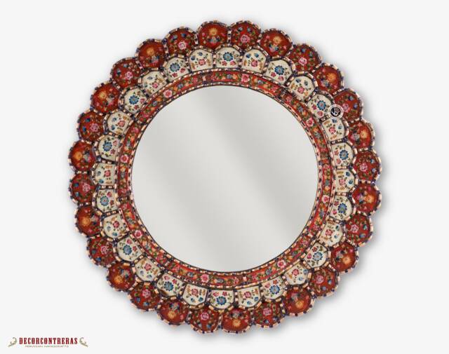Red Wall Mirror 23.6In Round - Burgundy Hand Painted On Glass Spanish Colonial Hacienda Style Entryway Mirrors Decor - image 1