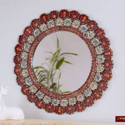 Red Wall Mirror 23.6In Round - Burgundy Hand Painted On Glass Spanish Colonial Hacienda Style Entryway Mirrors Decor - thumbnail 2