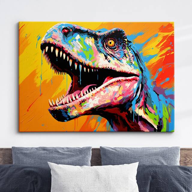 Colorful Tyrannosaurus Rex Dinosaur Oil Painting Paint Splatter Style Wall Art Framed Canvas Poster Print Home Living Room Decor Fun Gift - image 1
