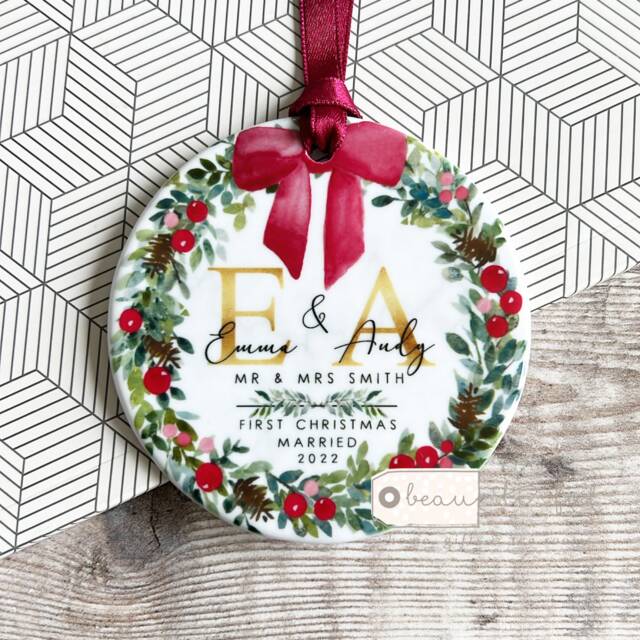 Personalised First Christmas Married Wedding Gift As Mr Mrs Gift Newlywed Bow Wreath Greenery Ceramic Or Acrylic Round Ornament Keepsake