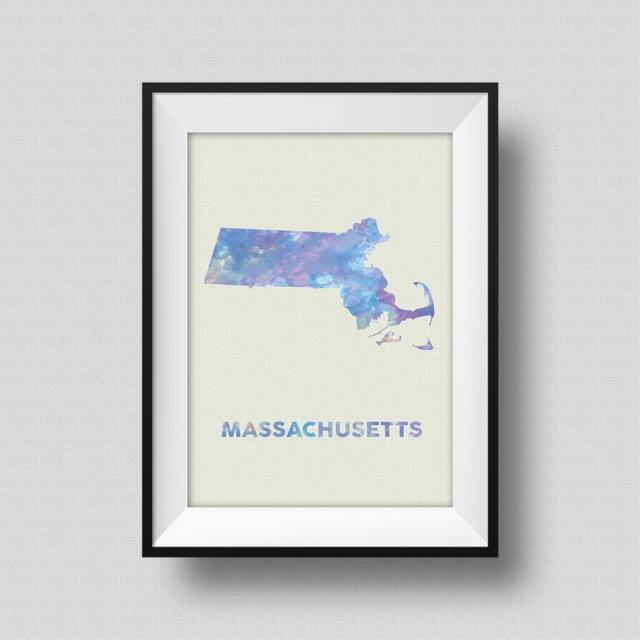 Massachusetts Map Usa Watercolor Art Print Ink Splash Poster Canvas