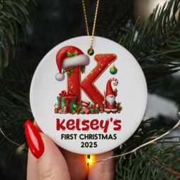 Baby First Christmas Ornament With Name & Initial - Personalised Santa Gnome Decoration For Tree 2025 - thumbnail 3
