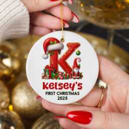 Baby First Christmas Ornament With Name & Initial - Personalised Santa Gnome Decoration For Tree 2025