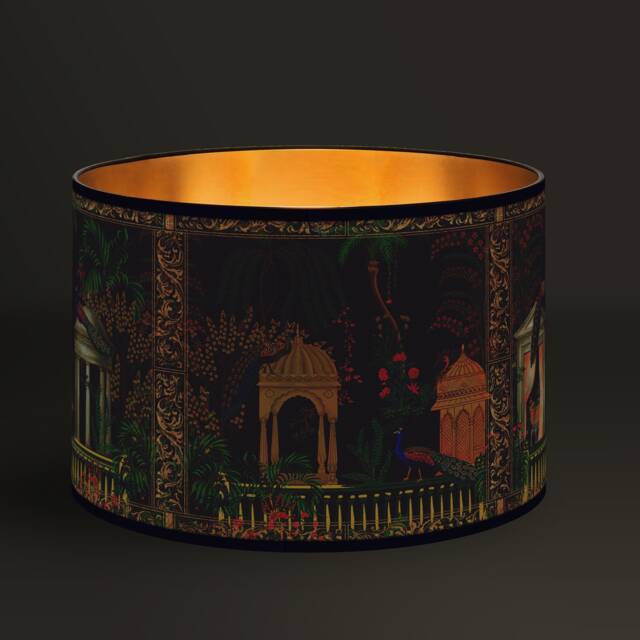 Lampshade Oriental Escape, Elegant Peacocks & Moorish Architecture, Golden Touch, Brushed Gold Interior, Warm Interior Lighting - image 1