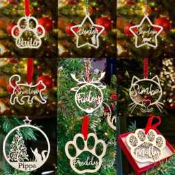 Personalised Christmas Cat Bauble Laser Cut Poplar Wood Tree Decoration - thumbnail 2
