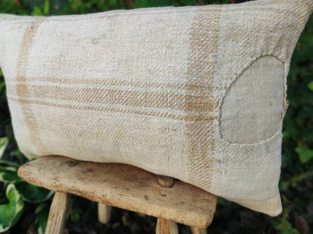 Brown Patched Grain Sack Pillow, Plaid Feedsack Throw, Homespun Fabric Autumn Cushion - image 1