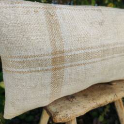 Brown Patched Grain Sack Pillow, Plaid Feedsack Throw, Homespun Fabric Autumn Cushion - thumbnail 3