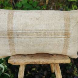 Brown Patched Grain Sack Pillow, Plaid Feedsack Throw, Homespun Fabric Autumn Cushion - thumbnail 2