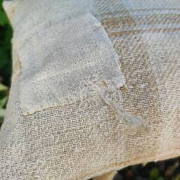 Brown Patched Grain Sack Pillow, Plaid Feedsack Throw, Homespun Fabric Autumn Cushion - thumbnail 4