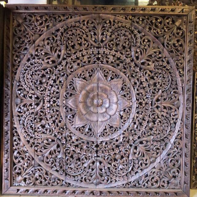 Mandala King Headboard, Teak King Headbord, Large Wood Wall Art Panels Hanging, Bohemian Headboard, Carved Teak Panel, Thai Carving 72 - image 1