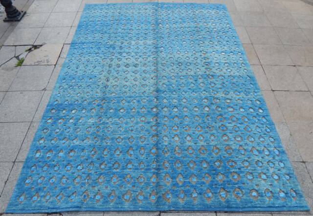Sky Blue Rug 7x10, Ice Gray, Diamond Patterned Turkish Uneven Pile With Silk Tufts, Modern Geometric Carpet, 220x303cm - image 1