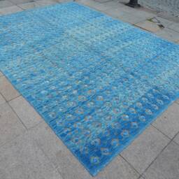 Sky Blue Rug 7x10, Ice Gray, Diamond Patterned Turkish Uneven Pile With Silk Tufts, Modern Geometric Carpet, 220x303cm - thumbnail 4