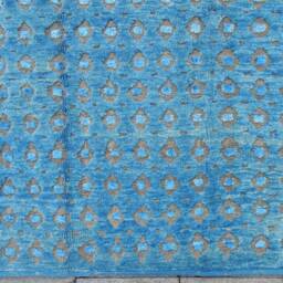 Sky Blue Rug 7x10, Ice Gray, Diamond Patterned Turkish Uneven Pile With Silk Tufts, Modern Geometric Carpet, 220x303cm - thumbnail 2
