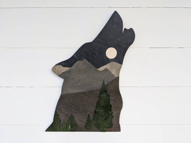 Wooden Wolf Wall Decor Moonrise Mountain Scene, Living Room Scene - image 1