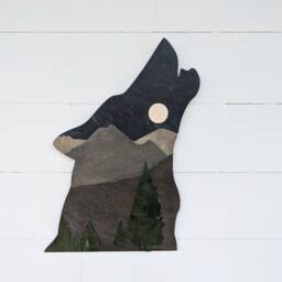Wooden Wolf Wall Decor Moonrise Mountain Scene, Living Room Scene - thumbnail 2