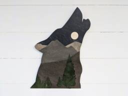 Wooden Wolf Wall Decor Moonrise Mountain Scene, Living Room Scene - thumbnail 1
