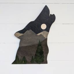 Wooden Wolf Wall Decor Moonrise Mountain Scene, Living Room Scene - thumbnail 3