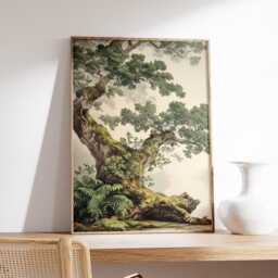 Gnarled Oak Tree Poster - Moss Covered Woodland Wall Art Vintage Forest Nature Illustration - thumbnail 2