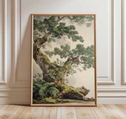 Gnarled Oak Tree Poster - Moss Covered Woodland Wall Art Vintage Forest Nature Illustration
