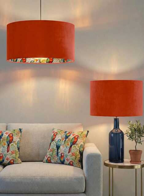 Handmade By Order Orange Velvet & Double Sided Tropical Leaves Parrot Bird Pattern Drum Lamp Shade Pendant Light All Sizes - image 1