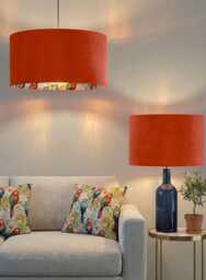Handmade By Order Orange Velvet & Double Sided Tropical Leaves Parrot Bird Pattern Drum Lamp Shade Pendant Light All Sizes