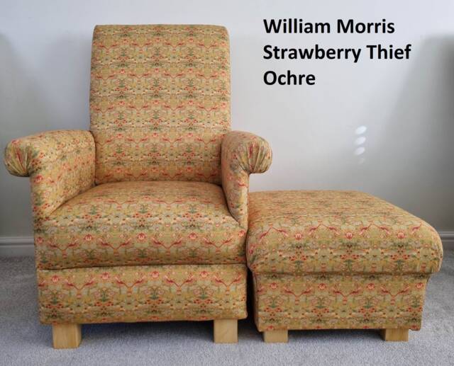 William Morris Strawberry Thief Fabric Adult Chair Armchair & Footstool Set Ochre Gold Green Red - image 1