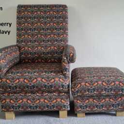 William Morris Strawberry Thief Fabric Adult Chair Armchair & Footstool Set Ochre Gold Green Red - thumbnail 2