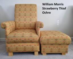 William Morris Strawberry Thief Fabric Adult Chair Armchair & Footstool Set Ochre Gold Green Red