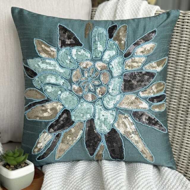 Teal Blue Art Silk, Bead, Sequin Embroidered Nature & Floral, Modern Throw Pillow Cover/Euro Sham - Centerpiece - image 1